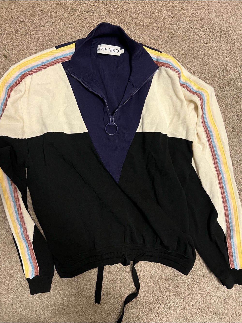 III Vivinko Colorblock Half-Zip Pullover - Black, Navy & Cream w/ Stripe Sleeves